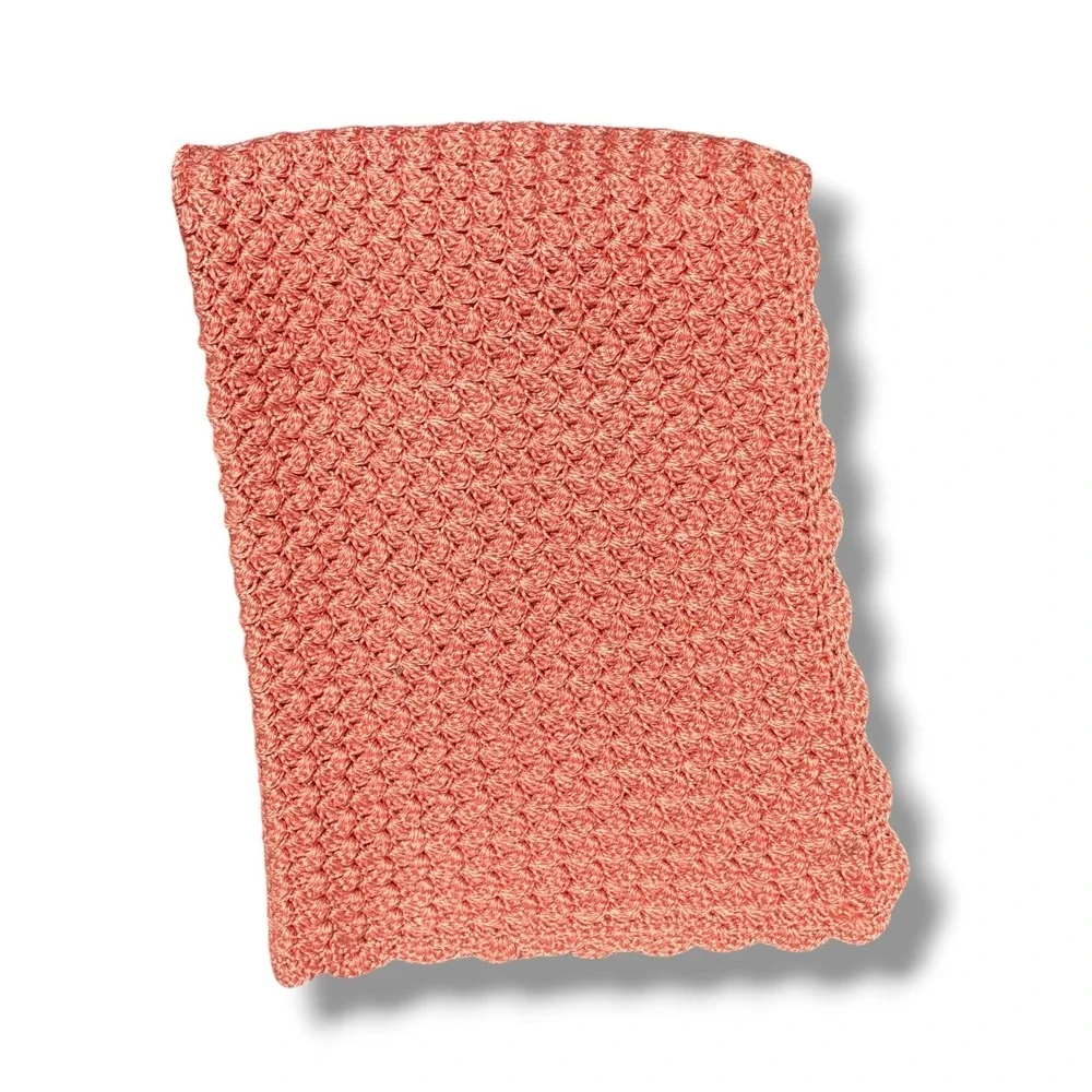 Handmade Crochet Baby Blanket Terracotta Coral Scalloped Popcorn Stitch 29x24